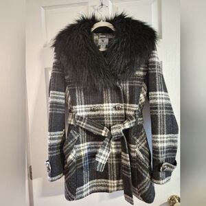 Worthington wool blend dress coat plaid black white size M